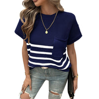 Women's Temperament Leisure Commute Style Printed Striped Pocket Sweater With Short Sleeves