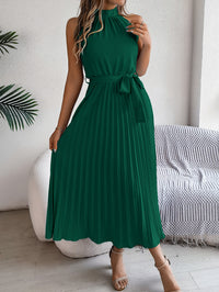 Women's Elegant Stand Collar Sleeveless Tie Waist Pleated Maxi Dress