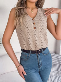 Women S Button V-Neck Hollow Out Sleeveless Knit Vacation Top