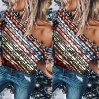 Lady Sexy Oblique Shoulder Color Sequined Top