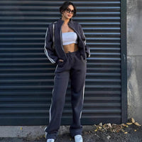 Contrast-color Sweatshirt Cardigan And Pants Set For Women