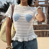 Womens Hollow-Out Knit Shell Short-Sleeve Resort Top