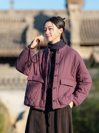Womens Retro Colorblock Button-Loop Loose Short Cotton Padded Jacket