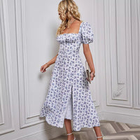 Puff-sleeve Strapless Floral Print Split Dress With Tie Closure And Short Sleeves