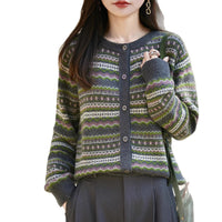 Womens Retro Jacquard Crew-Neck Long-Sleeve Sweater