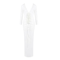 Womens New Sexy V-Neck 3D Floral Long-Sleeve Draped Pleated Slim-Fit Dress