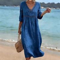 Elegant Casual V-Neck Solid Color Mid-Sleeve Womens Dress