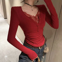Buttoned V-neck Patchwork Lace T-Shirt Base Layer