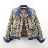 Retro Jacquard Stitching Long Sleeve Denim Coat Women's Clothing