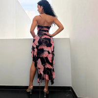 Floral Maxi Dress With High Slit Open Back And Fitted Waist