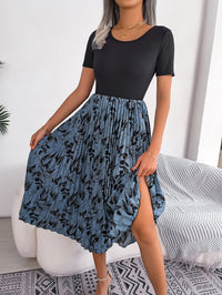 Womens Casual Leaf-Print High-Waisted Pleated Midi Dress