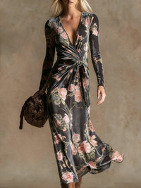 3D Geometric Line Pattern V-Neck Long-Sleeve Womens Dress