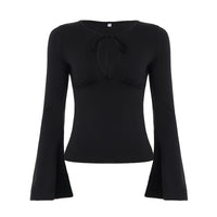 Elegant Slimming Solid-color Hollow-out Lace-up Fitted Versatile Bell-sleeve Knit Womens Blouse