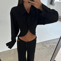 Lapel Long Sleeves Cropped White Shirt Hollow Out Tied Wide Leg Pants Two-piece Set