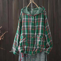 New Korean-style Oversized Artistic Retro Casual Plaid Cotton-linen Double-layer Shirt With A Hood