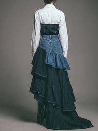 Two-Tone Denim High Waist Asymmetric Multi-Layer Ruffle Midi Skirt