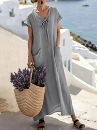 Casual V Neck Lace Up Solid Color Womens Dress
