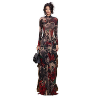 Stylish Half-high-neck Long-sleeve Top With A Bold Animal Print Featuring A High Slit For A Modern Edgy Look