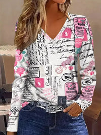 New Stylish Casual Geometric V-Neck Long-Sleeve T-Shirt