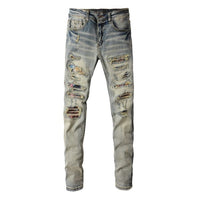 Meigao Street Vintage Crumpled Ripped Cat Beard Patch Printed Jeans Men