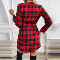 Fashionable Overseas Trade Plaid Long-Sleeve Belted Dress