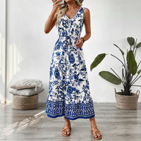 Retro Resort-style Long Dress V-neck Sleeveless One-piece Dress