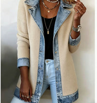 Denim Patchwork Suit Collar Coat Womens Top