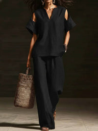 Womens Solid-Colored V-Neck Straight-Leg Pants Short-Sleeve Set With Ripped Details