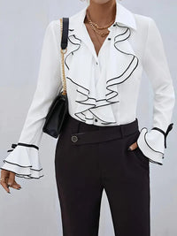 Solid Color Casual Ruffled Flared Sleeve Shirt Top