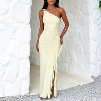 Women's Slant-Shoulder Ruffle-Front Split Dress