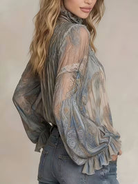 Womens Retro Long-Sleeve Stand-Neck Lace-Up Ruffle Flare-Sleeve Shirt