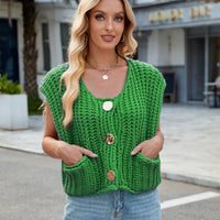 Women's V-neck Three-button Sleeveless Cardigan