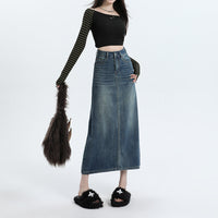 Denim Skirt Design Pocket Slit Retro Hip-wrapped Midi Skirt
