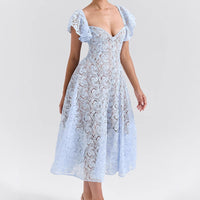 Retro Lace High-Waisted Slimming V-Neck Short-Sleeve Maxi Dress