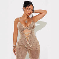 Women's Fashion Hollowed-out Lace-up Girdle Denim Jumpsuit