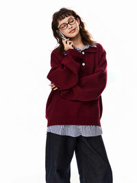 False Two-piece Patchwork Polo Collar Sweater Women's Loose Sweater