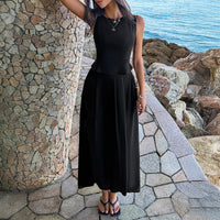 Black Draping Sleeveless Waist Cinching Suit For Women