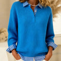 Womens Patchwork Sweater With A Shirt Collar For A Casual Fashionable Look