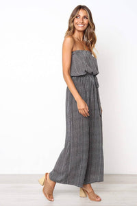 Womens Strapless Striped Printed Lace-Up Wide-Leg Jumpsuit