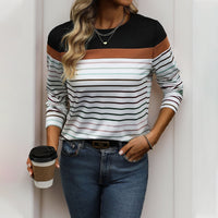 Color-block Striped Long-sleeve T-shirt Casual Top For Women