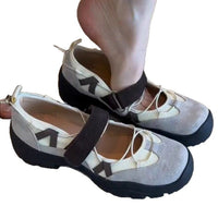 Womens Vintage Leather Thick-Soled Low-Top Velcro Mary Jane Shoes