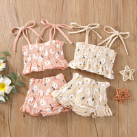 Girls Suit New Sweet Floral Suspender Pants Two-piece Set