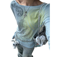 Heart KEWPIE Rhinestone Long Sleeve Slim Fit Slimming Top