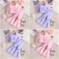 Girls' Mesh Sleeve Top Bell-bottom Pants Suit