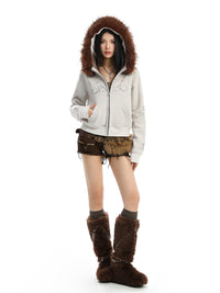 All-matching Solid Color Retro Furry Stitching Velvet Zipper Casual Coat