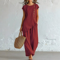 Womens Solid-Color Crew-Neck Buttoned Short-Sleeve Wide-Leg Pants Set