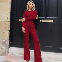 Womens Casual Two-Piece Set Crew-Neck Long-Sleeve Top And Drawstring Pants