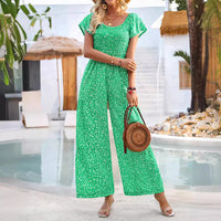 Printed Round Neck Smocking Jumpsuit Women's Clothing
