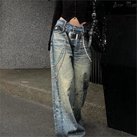 Splashed Ink-stained Jeans Female Chain Pendant Print Floor-dragging Pants