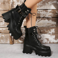 Fashion Round Toe Side Zipper Mid Heel Platform Leather Boots